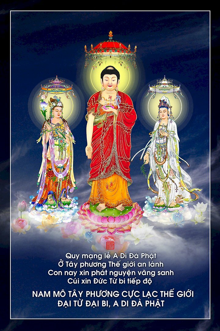 Hình ảnh Tây Phương Tam Thánh tiếp dẫn trang nghiêm