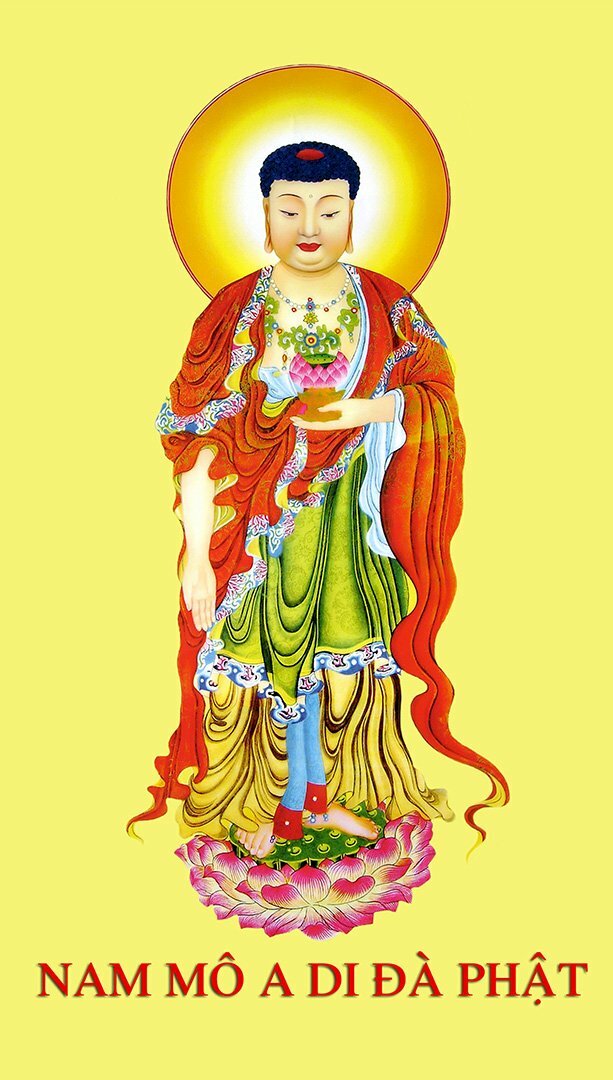 Hình ảnh Phật A Di Đà tiếp dẫn, trên nền vàng có dòng chữ Nam Mô A Di Đà Phật.