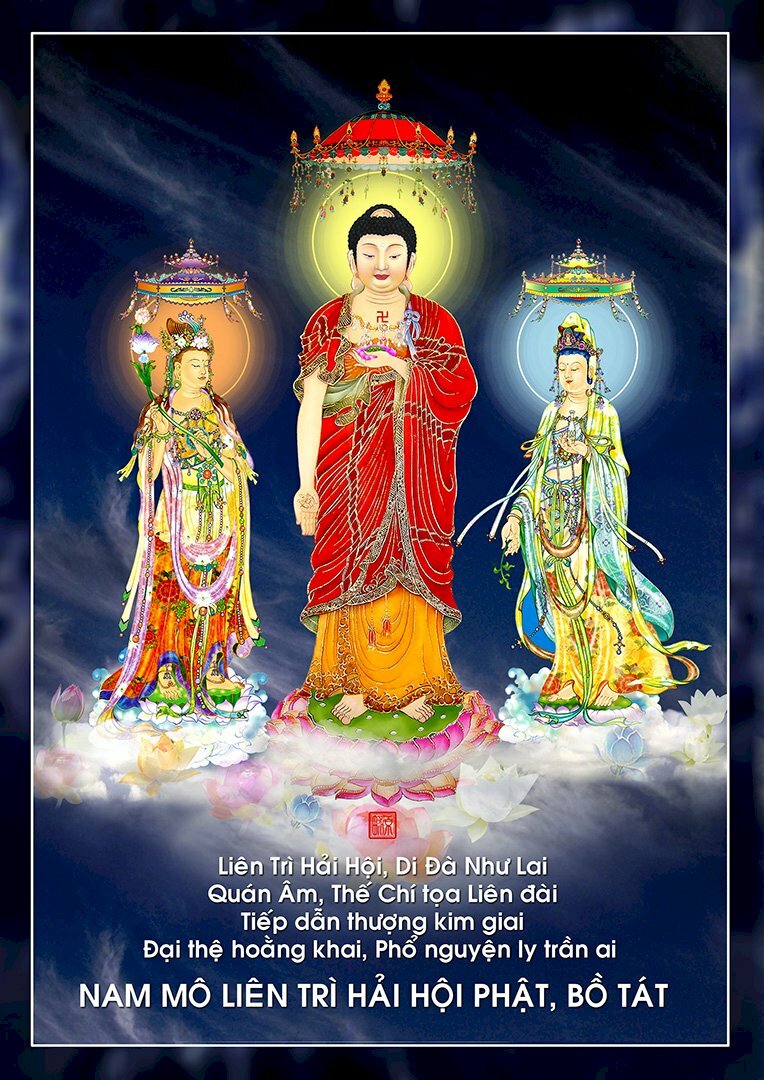 Hình ảnh Tây Phương Tam Thánh, ba vị Phật đang tiếp dẫn