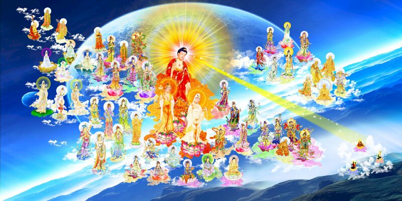 Hình ảnh Tây Phương Tiếp Dẫn, Phật A Di Đà phóng quang tiếp dẫn chúng sanh giữa vũ trụ bao la.