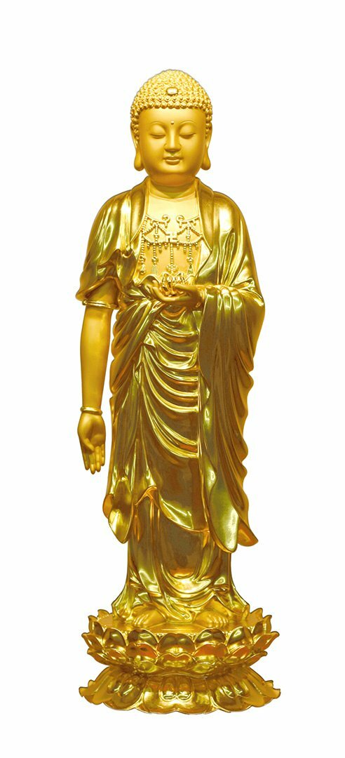 Hình ảnh tượng Phật A Di Đà màu vàng trên nền trắng trang nghiêm.