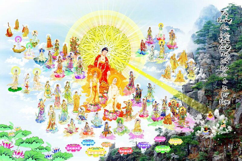 Tranh Đức Phật A Di Đà đến tiếp dẫn chúng sanh giữa khung cảnh núi non hùng vĩ. 