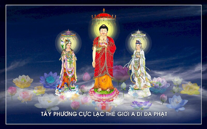Ảnh Phật Tây Phương Tam Thánh tỏa hào quang vàng rực rỡ trên nền trời xanh, phía dưới là những bông hoa sen nhiều màu sắc đang đua nhau nở.