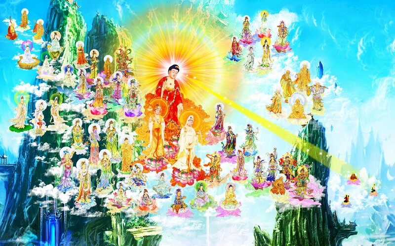 Hình ảnh Tây Phương Tiếp Dẫn sinh động hình ảnh Phật A Di Đà cùng các chư vị Bồ Tát đang tiếp dẫn chúng sinh về thế giới Tây Phương Cực Lạc. 