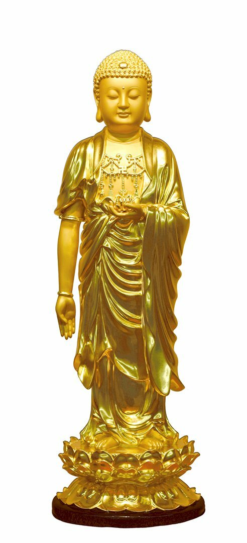 Hình ảnh tượng Phật A Di Đà màu vàng trên bệ đứng màu nâu, trên nền ảnh trắng.