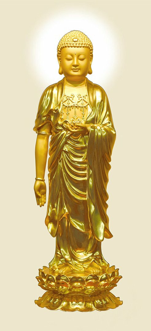 Ảnh tượng Phật A Di Đà màu vàng kim, tỏa hào quang trắng trên nền vàng nhạt