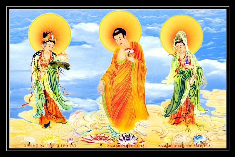 Hình bức tranh Tây Phương Tam Thánh tiếp dẫn đẹp trên nền trời xanh.