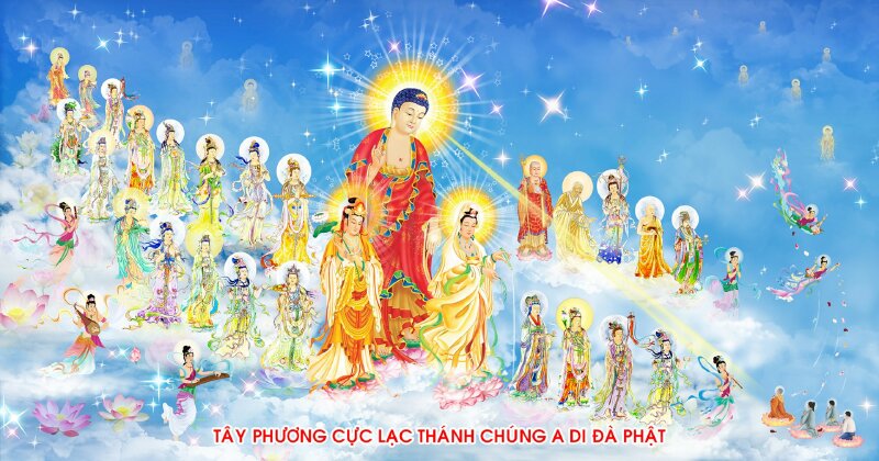 Tranh Tây Phương Cực lạc Thánh Chúng A Di Đà Phật tiếp dẫn chúng sanh về thế giới cực lạc.