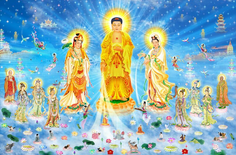 Hình ảnh Tây Phương Tam Thánh cùng chư vị Bồ Tát tiếp dẫn chúng sanh về cõi Tịnh Độ.