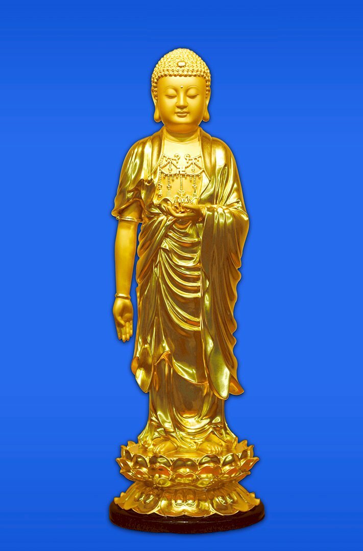 Ảnh tượng Phật A Di Đà màu vàng kim trên nền màu xanh 
