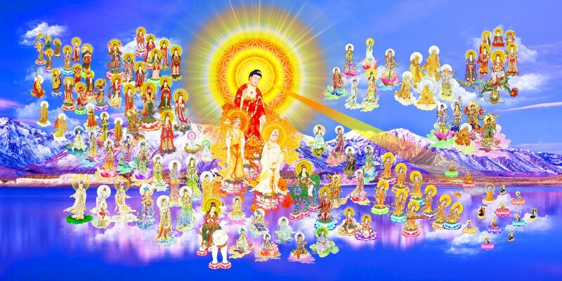 Hình ảnh Tây Phương Tiếp Dẫn trên nền sông núi hùng vĩ màu tím xanh.