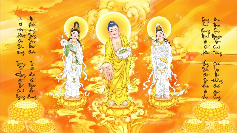 Hình ảnh Tây Phương Tam Thánh tiếp dẫn, tỏa hào quang chiếu sáng vàng rực rỡ.