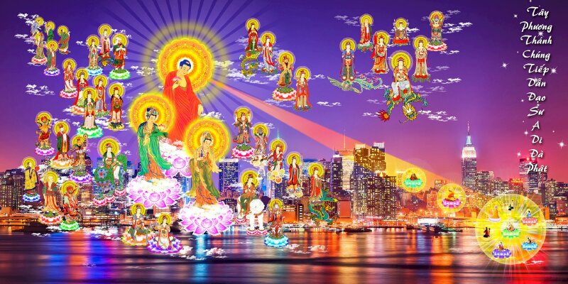 Hình ảnh Tây Phương Tiếp Dẫn trên nền phong cảnh thành phố về đêm đẹp sinh động.