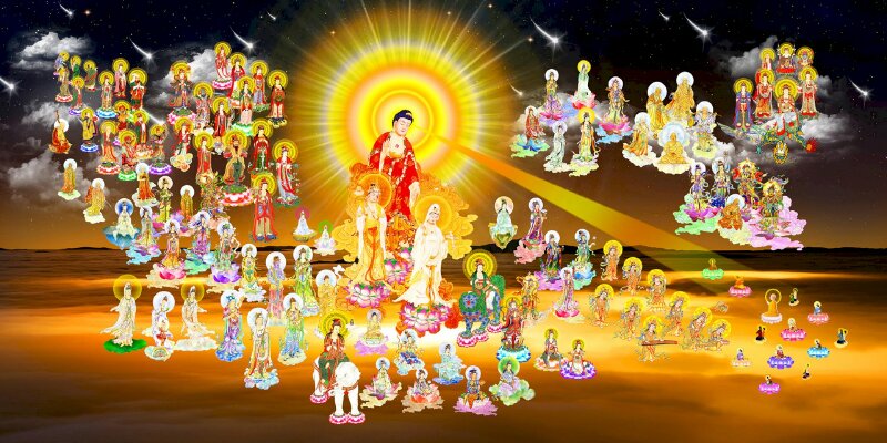 Hình ảnh Tây Phương Tiếp Dẫn trên không trung Phật A Di Đà tỏa hào quang vàng sáng soi cả vùng trời. 
