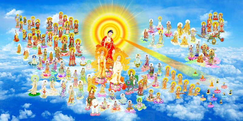 Hình ảnh Tây Phương Tam Thánh Phật A Di Đà phóng quang tiếp dẫn chúng sanh trên bầu trời.