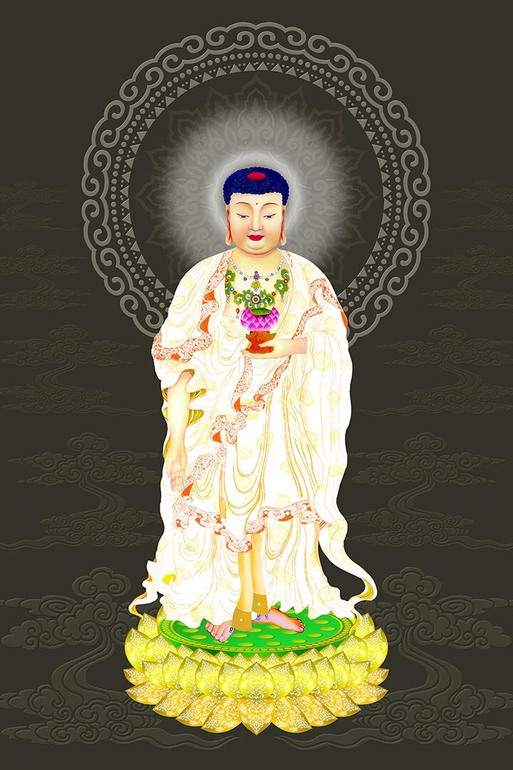 Ảnh A Di Đà Phật Y Trắng, đứng trên đài sen vàng, tay cầm đóa hoa Sen, tỏa hào quang trắng trên nền hoa văn vân mây màu nâu rêu.
