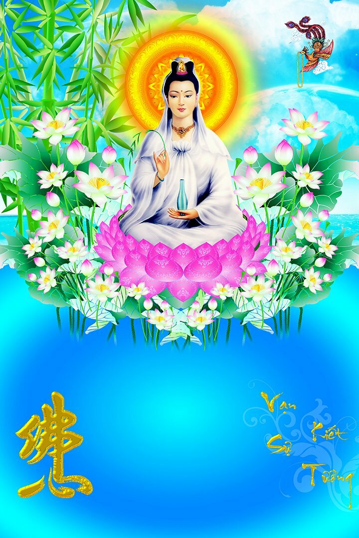 Ảnh bìa lịch Bloc treo tường hình Bồ Tát Quan Âm ngồi trên đài sen hồng, phát ánh hào quang vàng, trên nền màu xanh của biển trời.