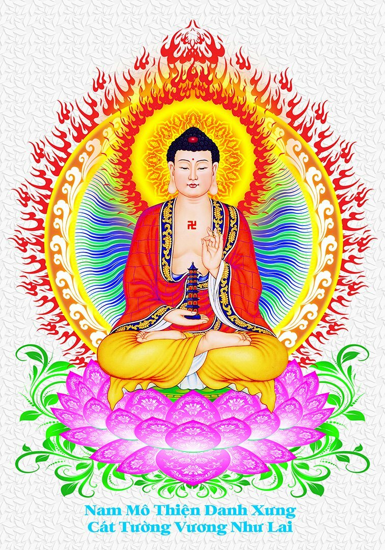 Hình ảnh Phật Dược Sư Lưu Ly khoác y màu đỏ ngồi trên đài sen hồng, sau lưng tỏa hào quang sáng, trên nền trắng có họa tiết. 