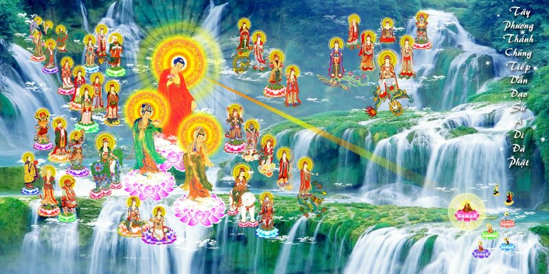 Tranh Tây Phương Tiếp Dẫn giữa nền là khung cảnh thác nước đẹp, hữu tình.