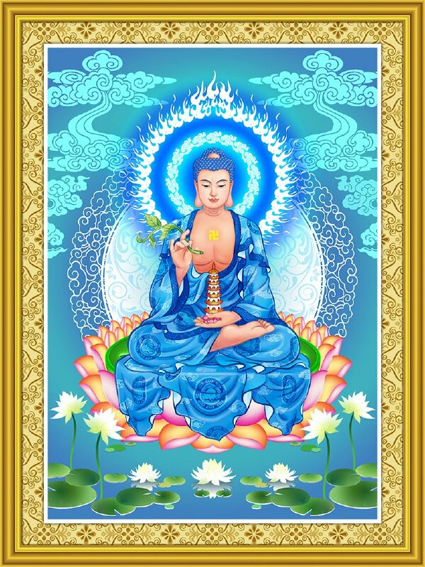 Hình ảnh bức tranh đức Phật Dược Sư lưu ly màu xanh 1 tay cầm thân cây Myrobalan, 1 tay cầm bảo tháp, đang ngồi trên tòa sen hồng, tỏa ánh hào quang xanh, khung tranh viền hoa văn đẹp.