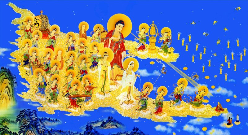 Tranh vẽ Tây Phương Tiếp Dẫn về thế giới Cực lạc Tây phương đẹp nhất trên nền trời xanh mây trắng