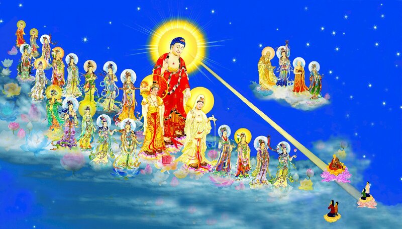 Tranh Tây Phương Cực Lạc Thánh Chúng A Di Đà Phật đẹp nhất tiếp dẫn về thế giới Cực lạc Tây phương