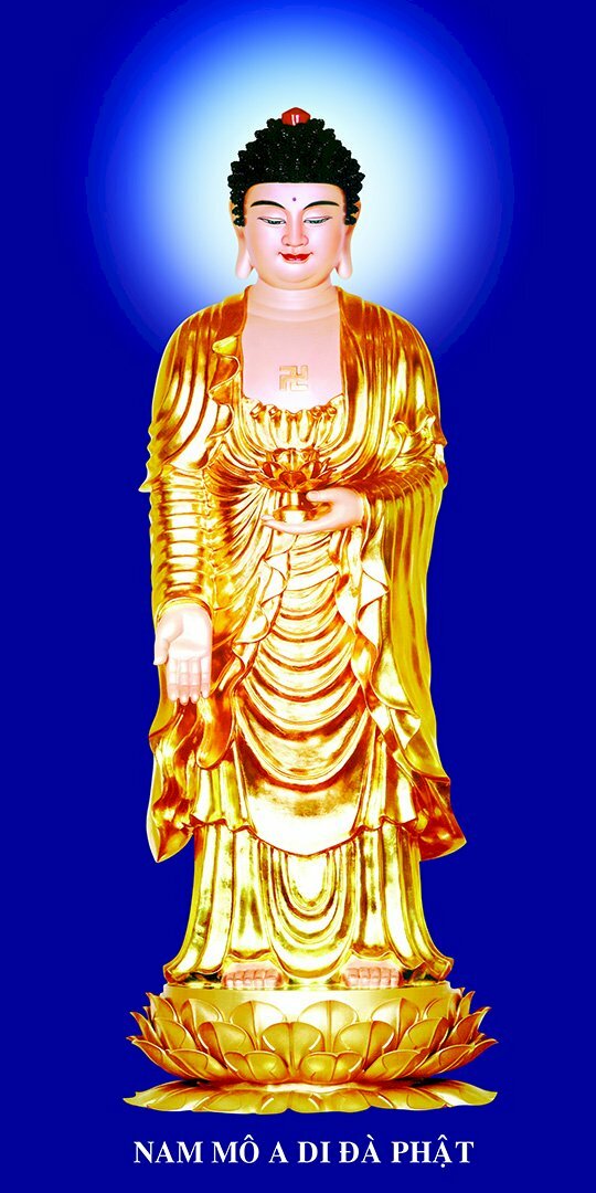 Ảnh Phật A Di Đà tiếp dẫn đẹp rạng ngời, tỏa hào quang trắng, nổi bật trên nền xanh