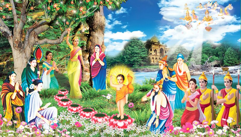 Hình ảnh Đức Phật sơ sinh khi ngài mới ra đời bước đi 7 bước, có 7 đóa sen dưới gót chân ở vườn Lâm Tỳ Ni, một tay ngài chỉ lên trời, 1 tay ngài chỉ xuống đất.