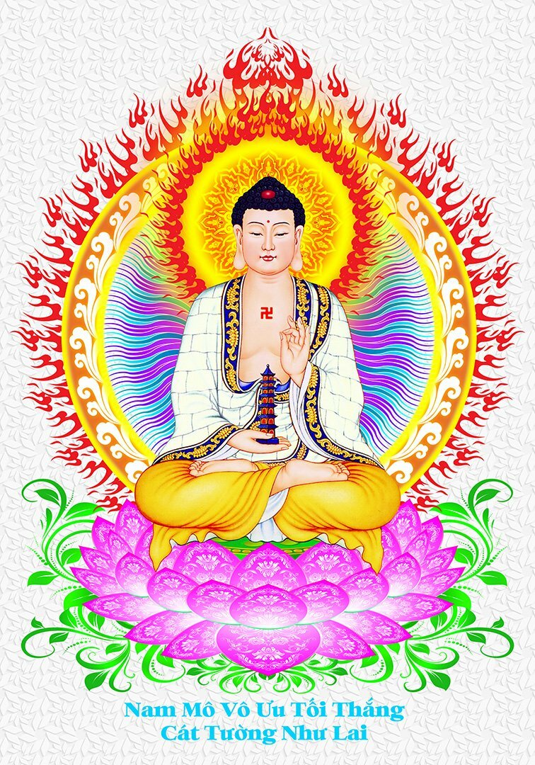 Hình ảnh Phật Dược Sư Lưu Ly khoác y màu trắng ngồi trang nghiêm trên đài sen hồng, sau lưng tỏa hào quang sáng, trên nền trắng có họa tiết. 