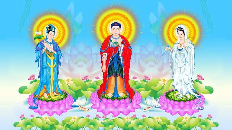 Hình ảnh Tây Phương Tam Thánh gồm Đức Phật A Di Đà, Bồ Tát Quán Thế Âm, Bồ Tát Đại Thế Chí đứng trên đài hoa sen.