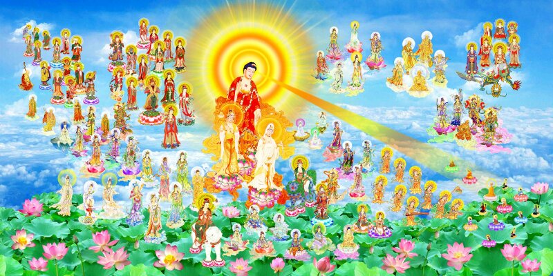 Tranh Tây Phương Tam Thánh Tiếp Dẫn về Tây Phương cực lạc giữa nền trời xanh mây trắng, phía dưới là vườn sen đẹp rực rỡ. 