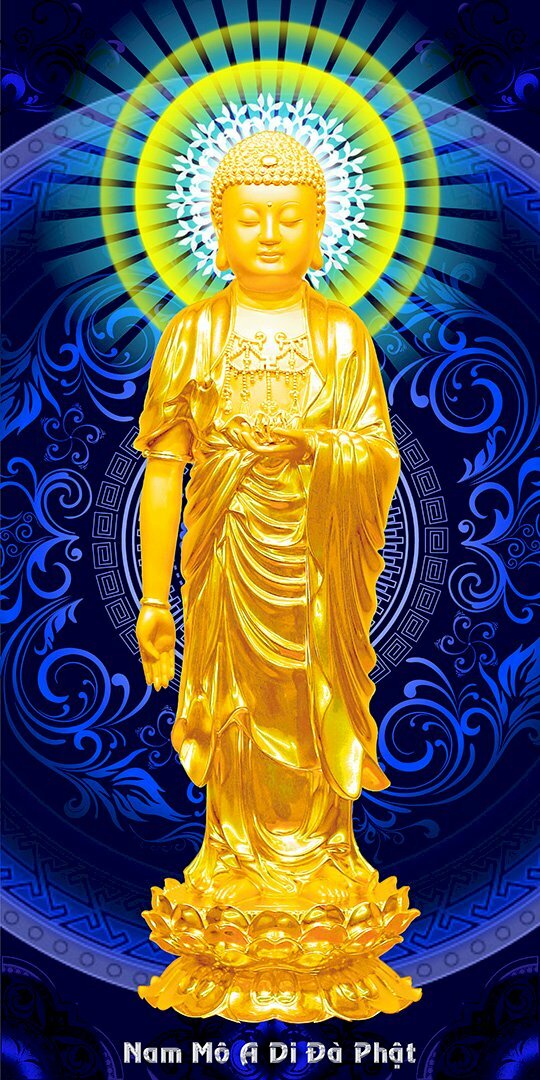 Ảnh tượng Phật A Di Đà tiếp dẫn màu vàng kim trên nền hoa văn xanh, phía dưới có dòng chữ Nam Mô A Di Đà Phật.