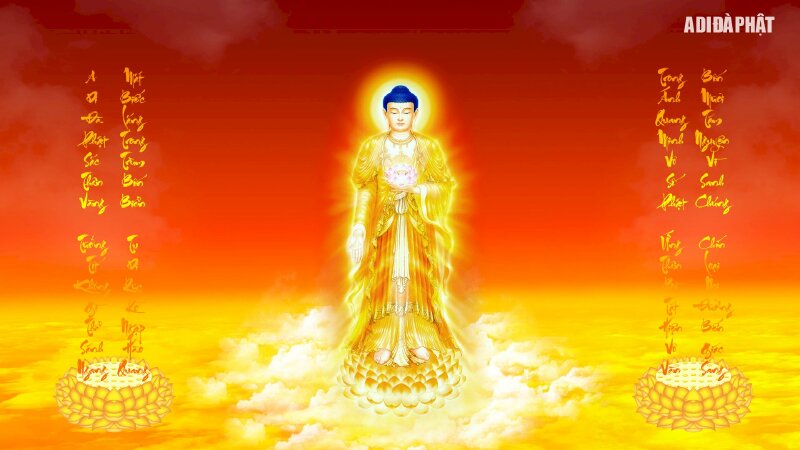 Hình ảnh Phật A Di Đà đẹp 3D dưới ánh sáng màu vàng cam làm ảnh nền.