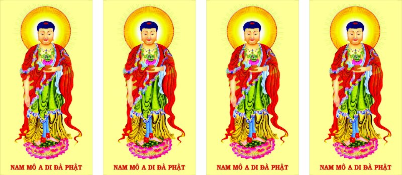 Ảnh Phật A Di Đà khoác cà sa đỏ trên nền vàng.