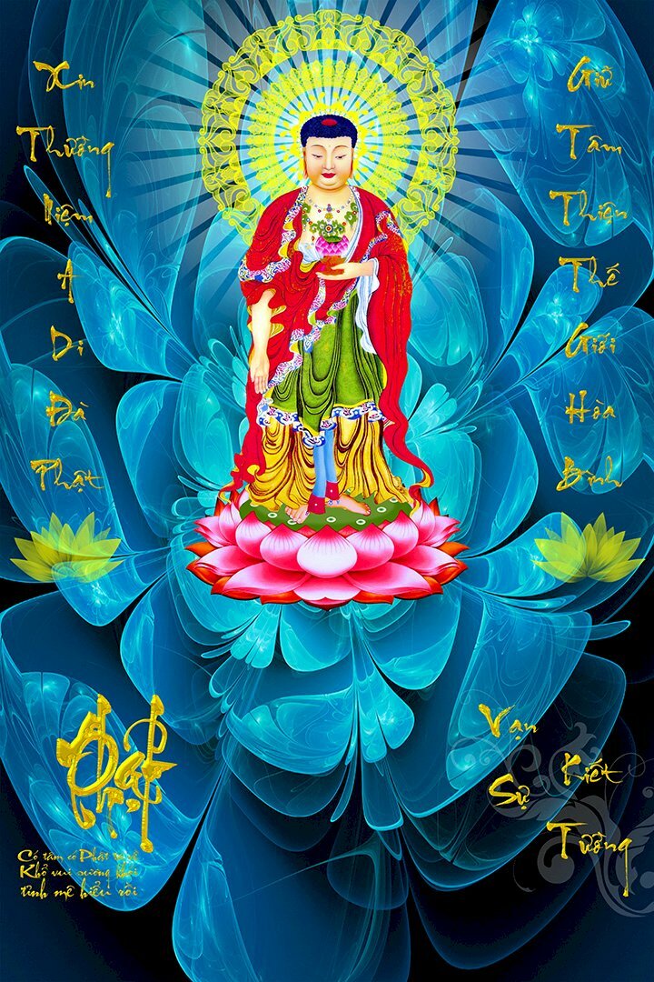 Ảnh bìa lịch Bloc treo tường hình Phật A Di Đà khoác áo cà sa đỏ, đứng trên đài sen hồng, phát ánh hào quang vàng, trên nền hoa xanh.