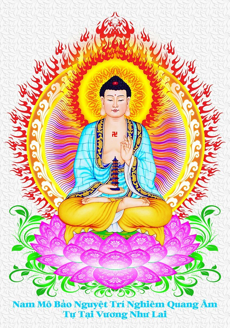 Hình ảnh Dược Sư Lưu Ly Quang Vương Như Lai Phật khoác y xanh ngồi trên đài sen, tỏa hào quang sáng sau lưng, trên nền trắng có họa tiết.  