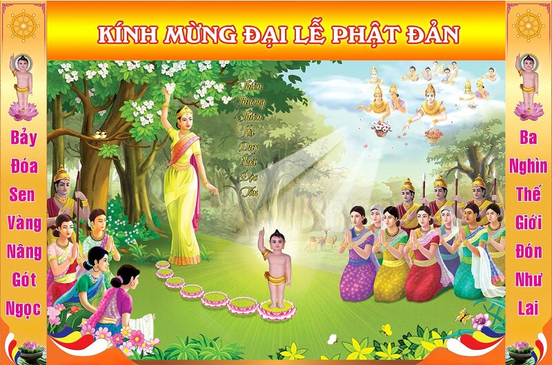 Hình ảnh Kính mừng đại lễ Phật Đản, tranh vẽ cảnh đức Phật đản sinh ở vườn Lâm Tỳ Ni, bước đi 7 bước, dưới gót chân có 7 đóa sen, trời người hoan hỷ vui mừng. 