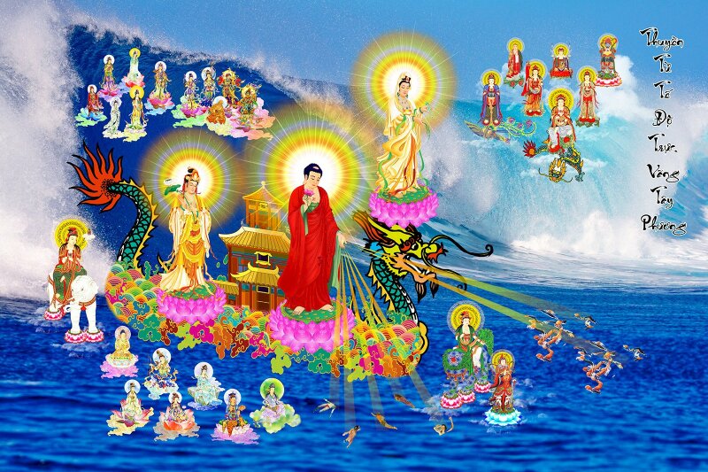 Hình ảnh Thuyền Bát Nhã có Tây Phương Tam Thánh cùng các vị Bồ Tát phóng hào quang cứu độ chúng sanh ra khỏi trầm luân sanh tử.