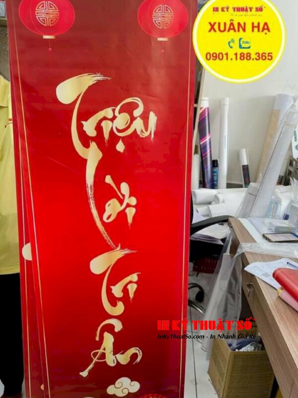 In Silk liễn câu đối Tết Đỉnh Cao Thương Hiệu, Triệu Lời Tri Ân trang trí văn phòng công ty