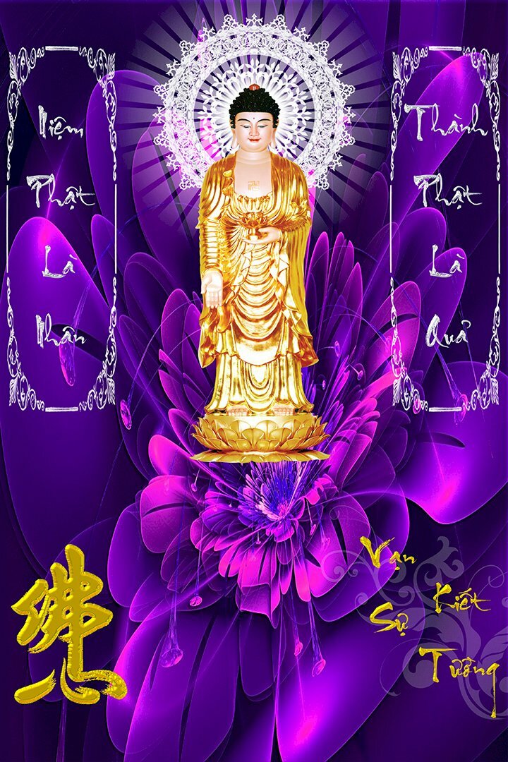 Ảnh bìa lịch Bloc treo tường hình Phật A Di Đà y áo, tòa sen màu vàng, phát hào quang trắng trên nền hoa tím, hai bên có dòng chữ