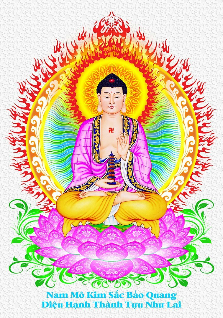 Hình ảnh đức Dược Sư Lưu Ly Quang Vương Như Lai Phật an tọa trên tòa sen hồng thân khoác y hồng, trên nền trắng có họa tiết.   