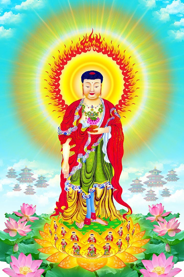 Hình ảnh Phật A Di Đà đứng trên đài sen vàng tỏa ánh hào quang rực rỡ giữa không trung.
