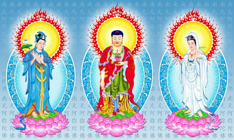Hình ảnh Tây Phương Tam Thánh đẹp, hình ba vị Phật đang đứng, tỏa hào quang sáng ngời trên nền xanh có chữ Hán.