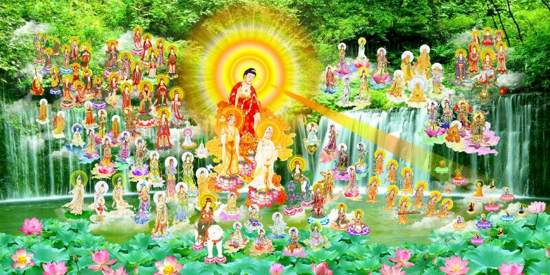 Tranh Tây Phương cực lạc Đức Phật A Di Đà cùng chư vị Bồ Tát đến tiếp dẫn chúng sanh về cõi Tịnh Độ. 