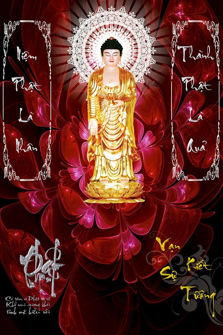 Ảnh bìa lịch Bloc treo tường hình Phật A Di Đà y áo, tòa sen màu vàng, phát hào quang trắng trên nền hoa đỏ lấp lánh, hai bên có dòng chữ: