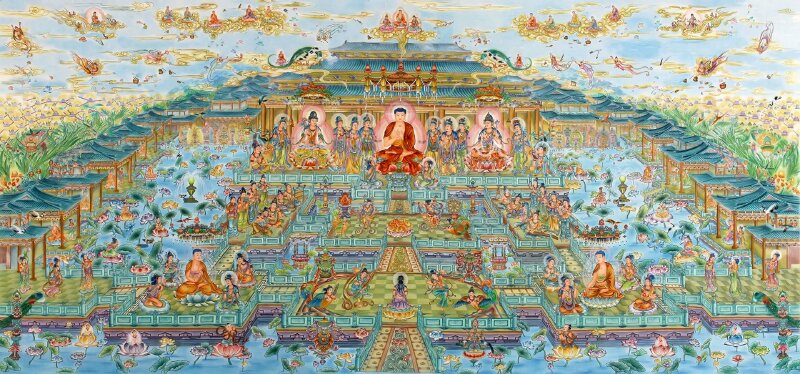 Hình ảnh Hội Thượng Phật Bồ Tát sinh động với chi tiết tinh xảo và màu sắc rực rỡ.