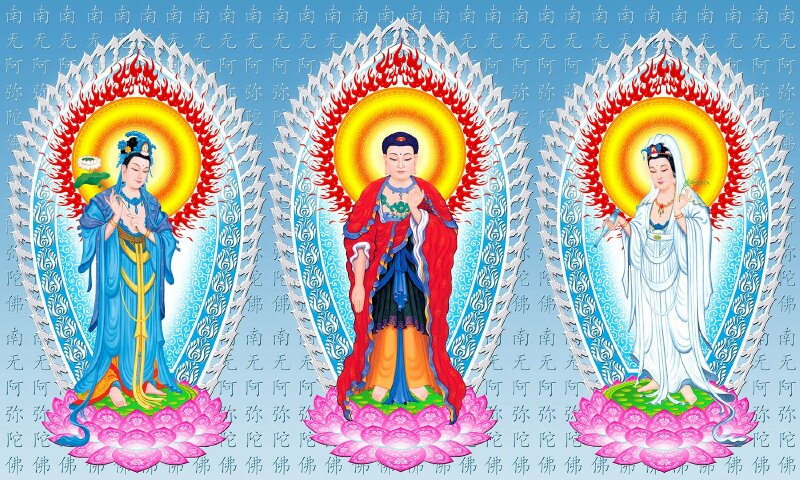 Hình Tây Phương Tam Thánh trang nghiêm chất lượng cao, tông màu xanh dương nhạt.