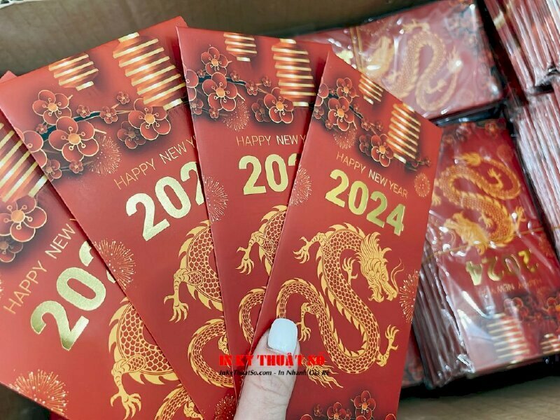 Mẫu bao lì xì đỏ, bao lì xì 2024 Tết Giáo Thìn, gia công thành phẩm dán gấp theo file in chuẩn, nắp có đường cấn