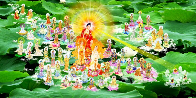 Tranh Tây Phương cực lạc Đức Phật A Di Đà cùng chư vị Bồ Tát đến tiếp dẫn chúng sanh về cõi Tịnh Độ. 