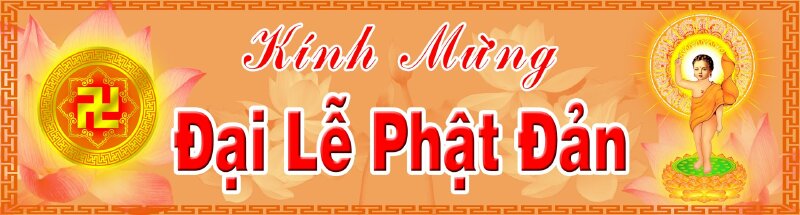 Hình ảnh Băng rôn Phật đản đẹp có hình Đức Phật sơ sinh, hình chữ vạn, hoa sen và dòng chữ: Kính mừng đại lễ Phật Đản.